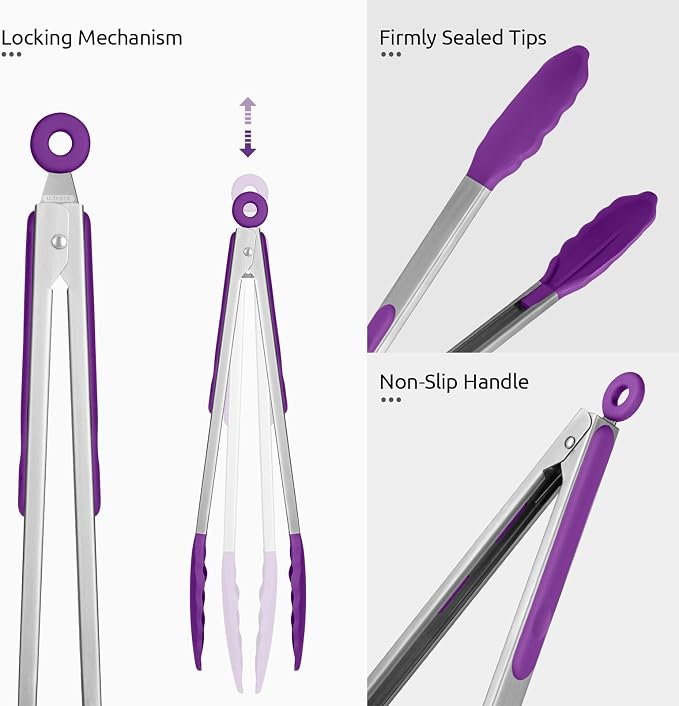 600ºF Heat Resistant Kitchen Tongs: U-Taste 9+12 inch Silicone Cooking Tong Set - Image 6