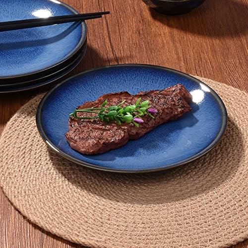 Ceramic Dinner Plate Set of 4, 7.5 Inch Blue Reactive Glaze Salad