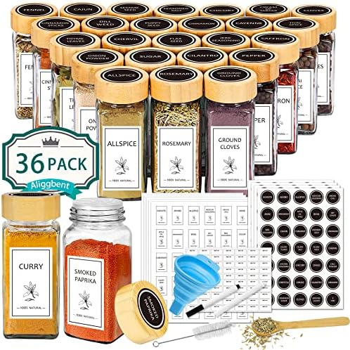 Aliggbent Spice Jars with Labels 36 Pcs 4 oz Glass Bamboo Lids Shaker