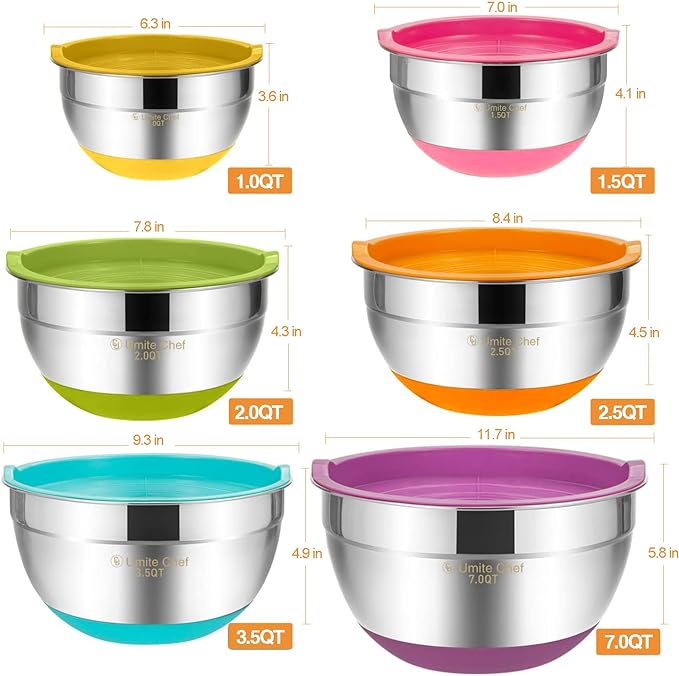 Umite Chef Mixing Bowls with Airtight Lids, 6 Piece Stainless Steel Metal Bowls - Image 6