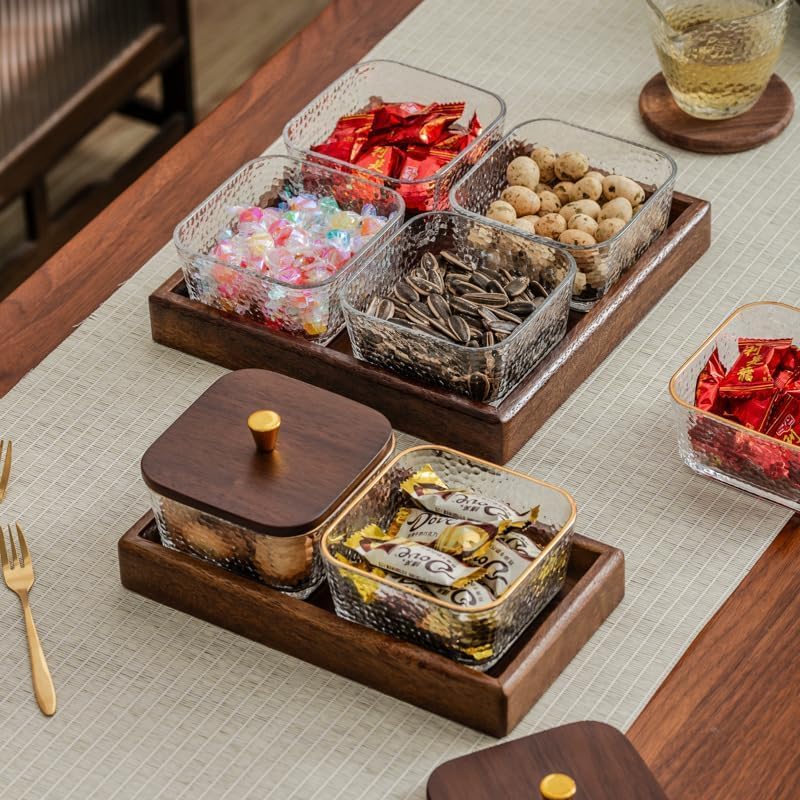 3 Jars Square Glass Snack Box with Walnut Wooden Lids & Tray, Divided