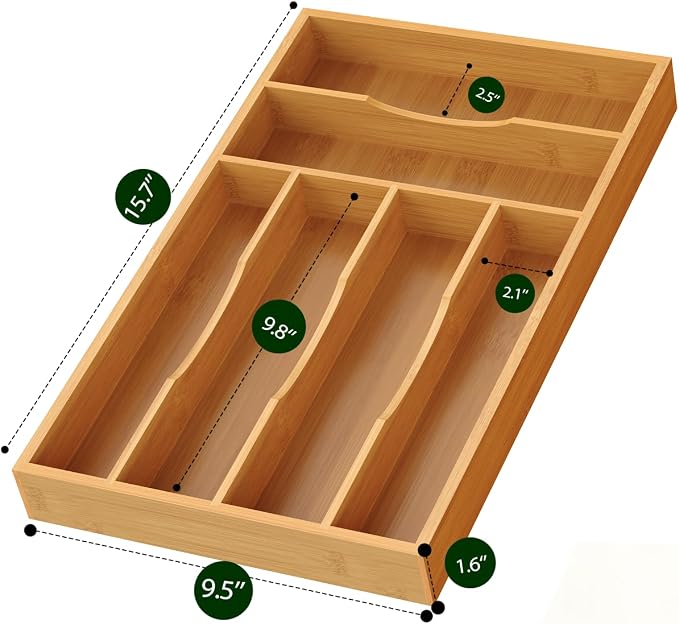 Bamboo Silverware Organizer, Bamboo Kitchen Drawer Cutlery Organizer, Utensil - Image 2