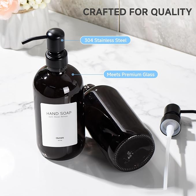 2 Pack Kitchen Soap Dispenser Set - 16oz Black Glass Dish and Hand Soap - Image 3