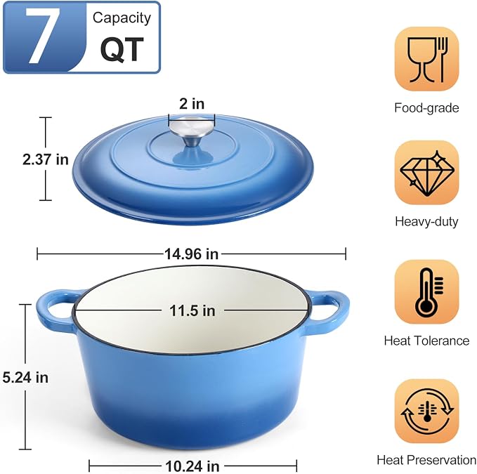 P&P CHEF 7QT Enameled Dutch Oven, Cast Iron Dutch Oven Pot - Image 2