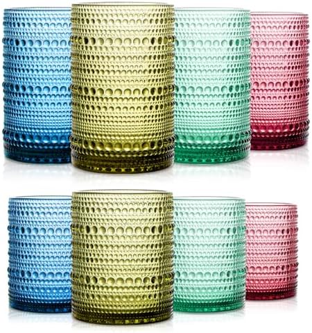 SoulTimes Set of 8 Hobnail Drinking Glasses Colored Vintage Glassware