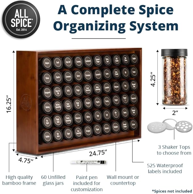 AllSpice Spice Rack Organizer, 525 Unique Labels, Countertop or Wall Mount - Image 3