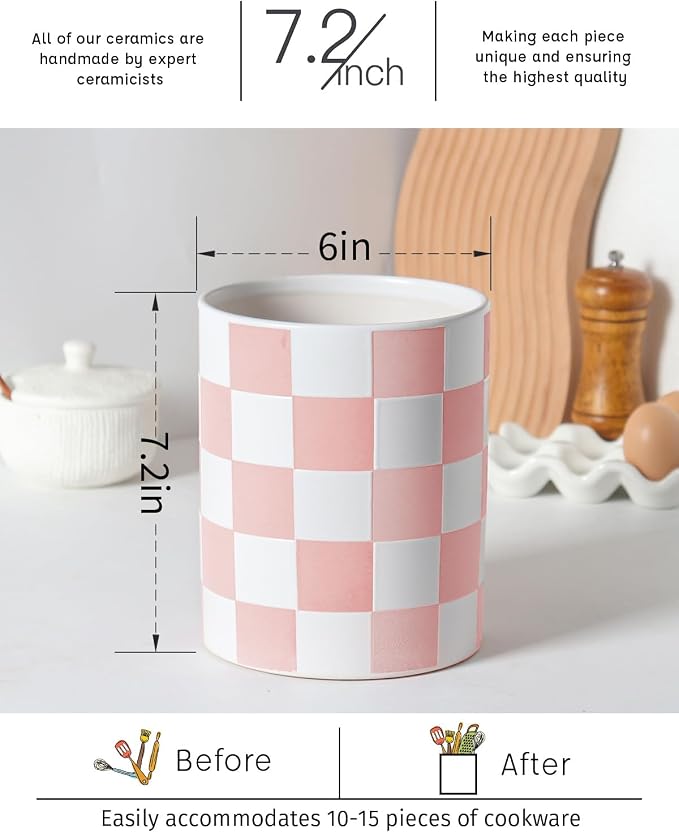 Utensil Holder，7.2 Inch Checkered Utensil Holder, Ceramic Cooking Utensil - Image 4