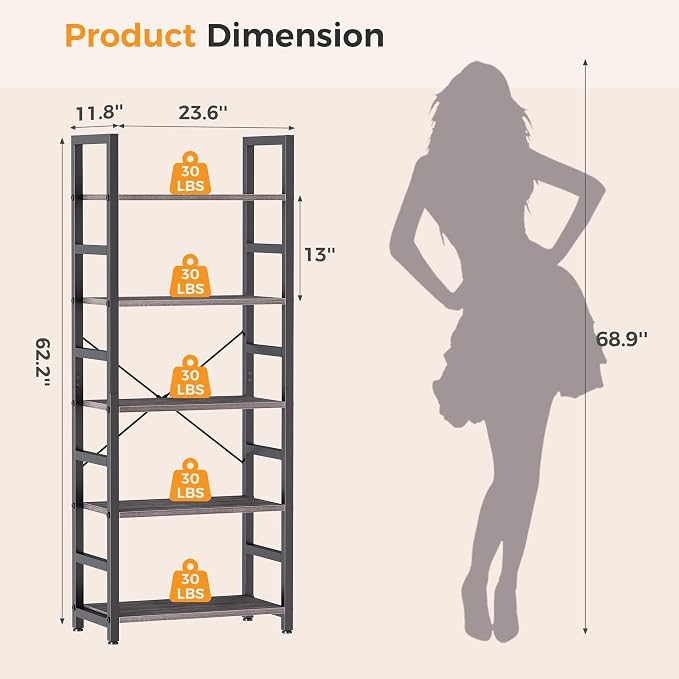 DUMOS 5-Tier Bookshelf, Modern Tall Bookcase, Open Storage Display Shelf - Image 3