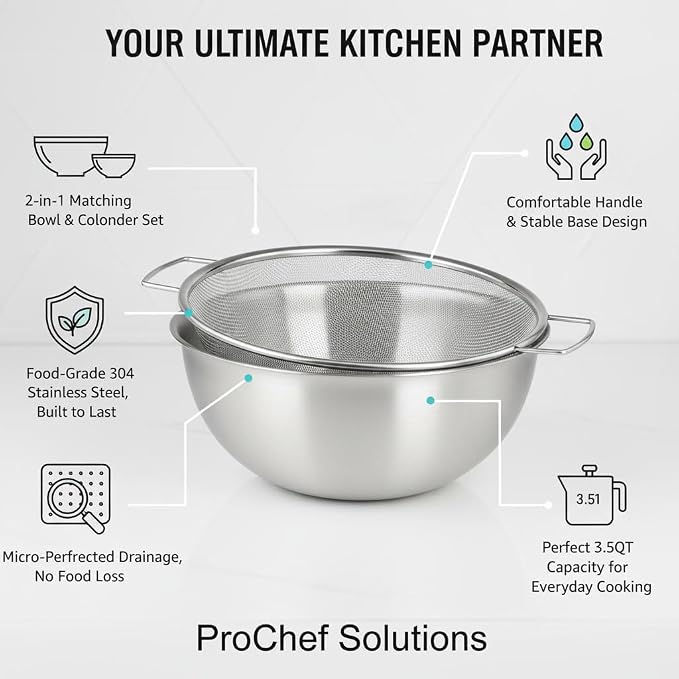 304 Stainless Steel Kitchen Colander Set, 3.5QT Colander - Image 2