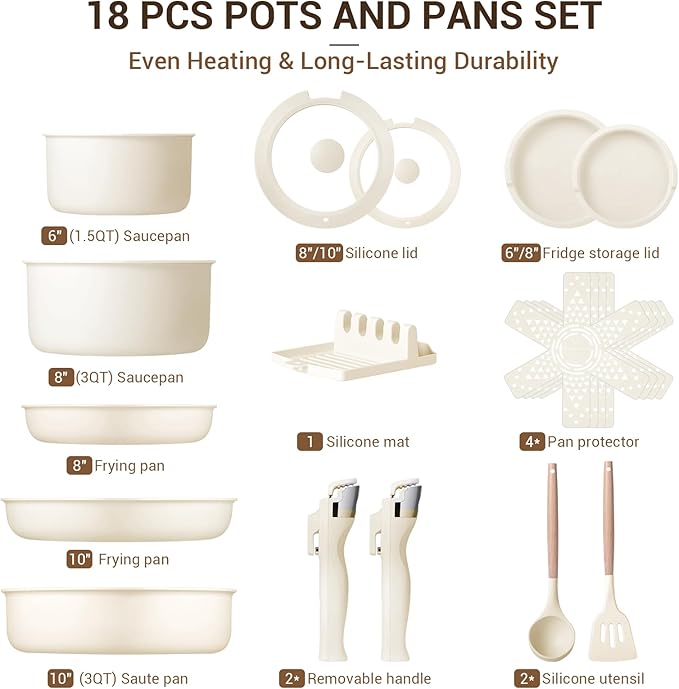Ammeloo 18-Piece Ceramic Pots and Pans Set Non Stick, Non Toxic Cookware Set - Image 8
