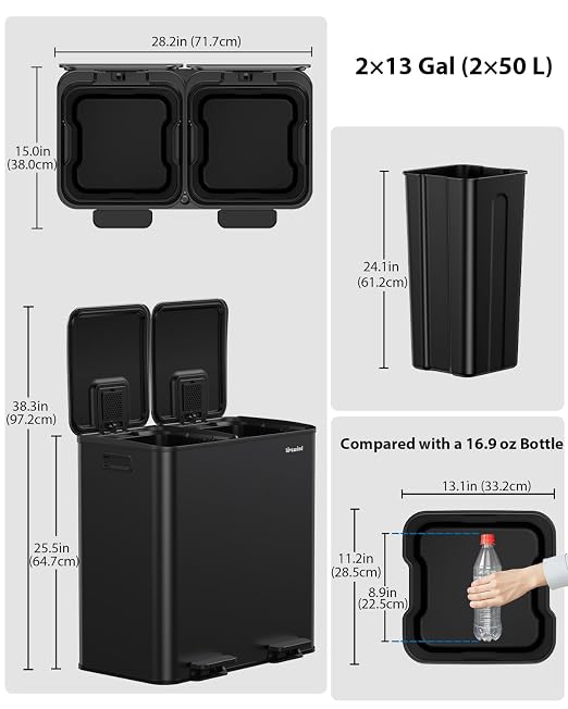 Dual Trash and Recycling Bins for Kitchen, 2×13 Gallon Stainless Steel Trash - Image 8