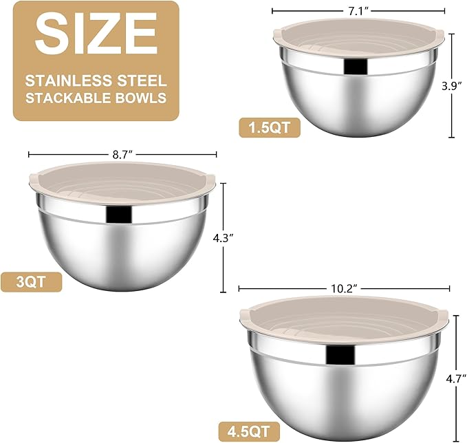E-far Mixing Bowls with Lids, 6-Piece Stainless Steel Salad Bowls Metal Nesting - Image 2