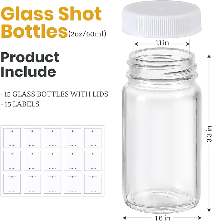 LANDNEOO 15 Pack 2 oz Glass Shot Bottles w/White Lids & 15 Labels - Image 2