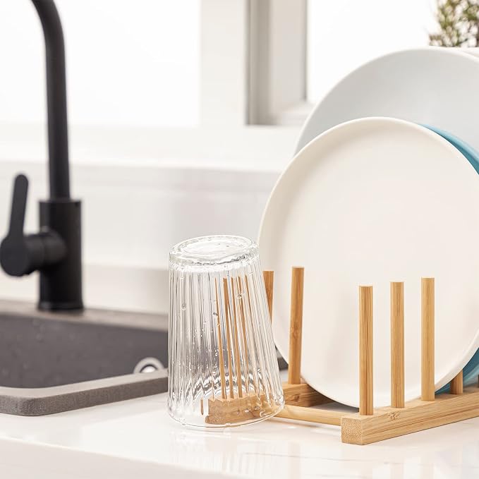 HBlife Bamboo Dish Plate Bowl Cup Book Pot Lid Cutting Board Drying Rack Stand - Image 5