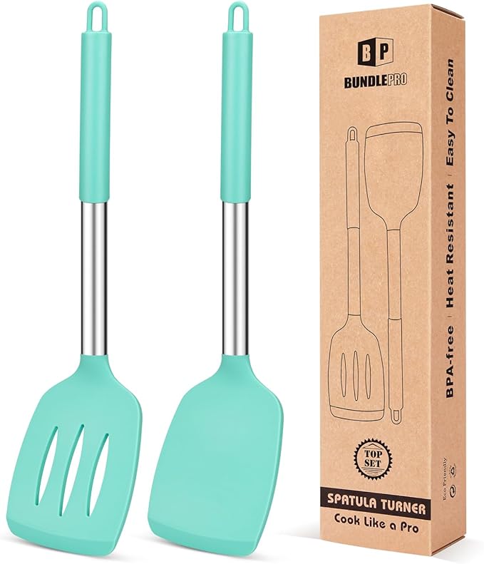 Pack of 2 Silicone Solid Turner, Non Stick Slotted Kitchen Spatulas, High Heat by BUNDLEPRO