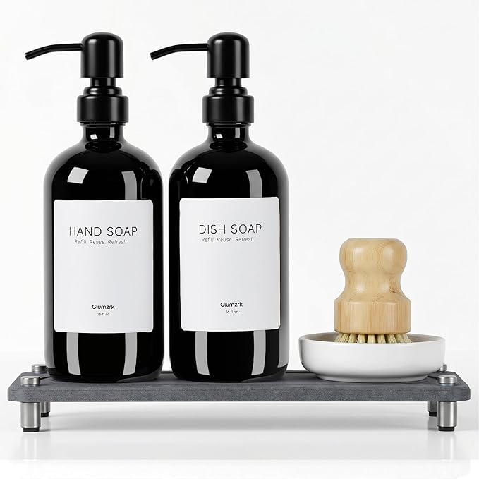 2 Pack Kitchen Soap Dispenser Set - 16oz Black Glass Dish and Hand Soap by BoundlessHomeInfiniteLiving