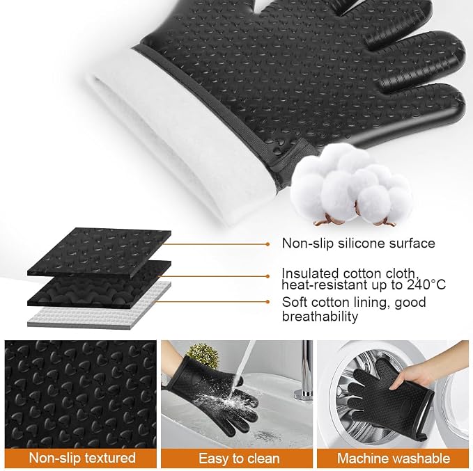 AUAUY Oven Mitts with 2 Pot Holders, Silicone Oven Gloves Heat Resistant 464°F - Image 3