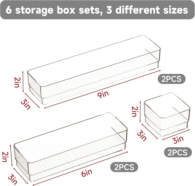 6 PCS Clear Plastic Drawer Organizer Set, 2 Sizes Acrylic Drawer Storage Trays - Image 2