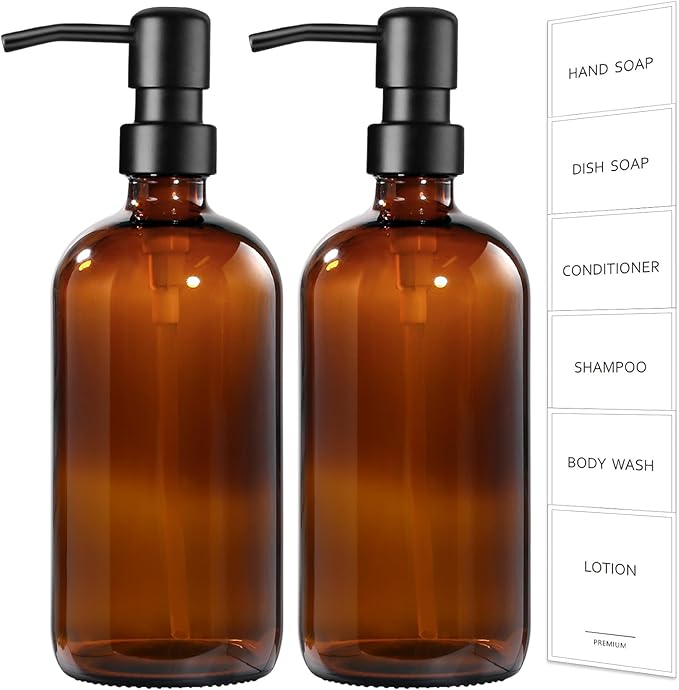 GMISUN Amber Glass Soap Dispenser, 2 Pack Bathroom Hand Soap Dispensers by GMISUN