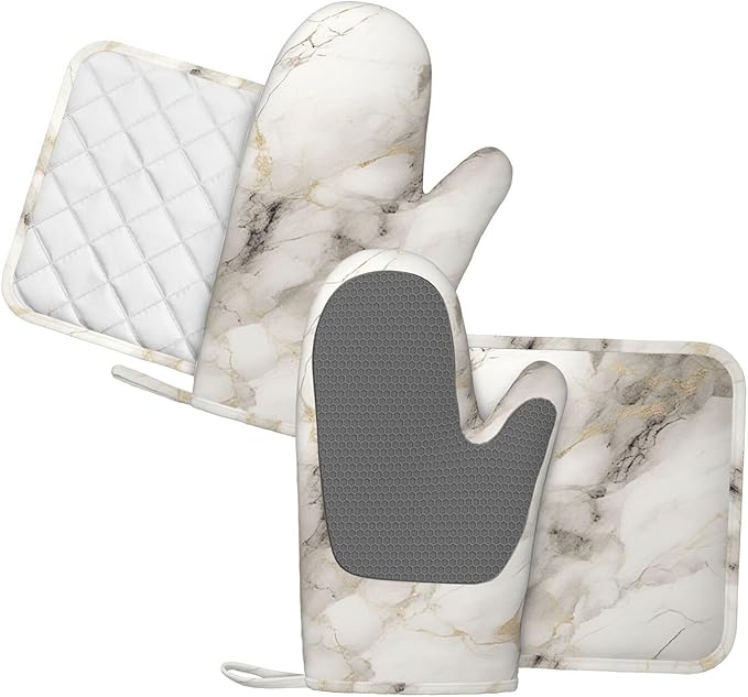Oven Mitts and Pot Holders Set, Marble Pattern Gray White Silicone Kitchen - Image 2