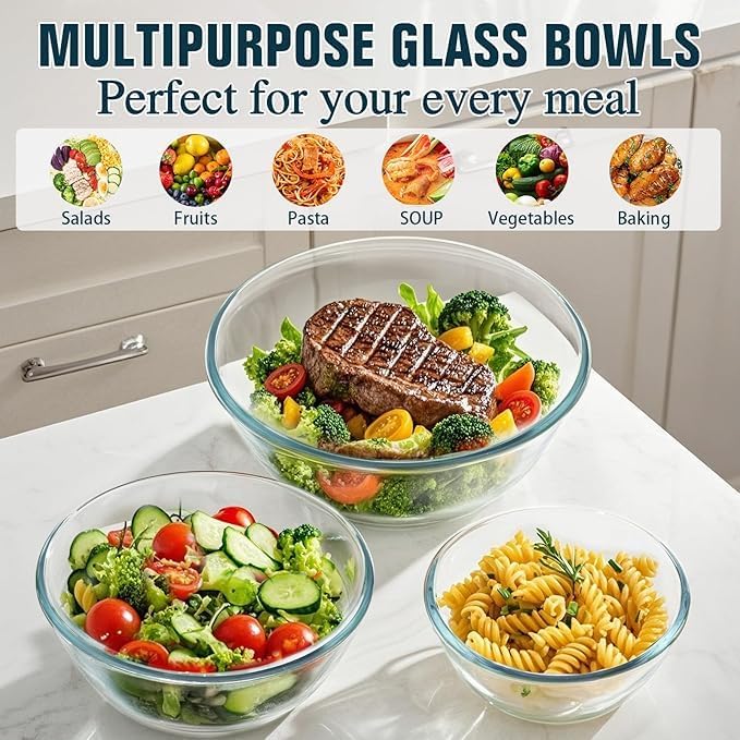 Glass Mixing Bowls with Lids Set,3-Piece Nesting