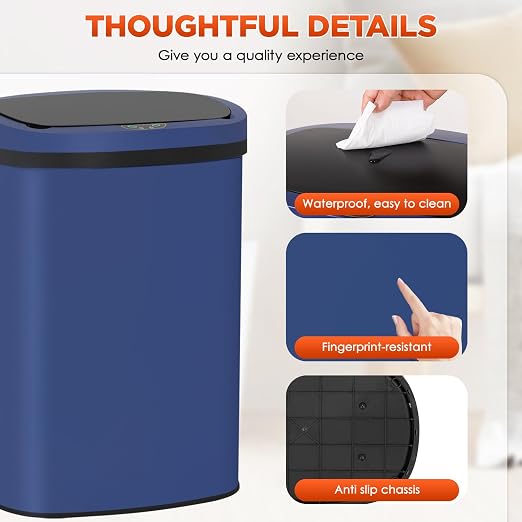 PayLessHere | 13 Gallon Stainless Steel Trash Can | Deep Blue | Automatic - Image 6