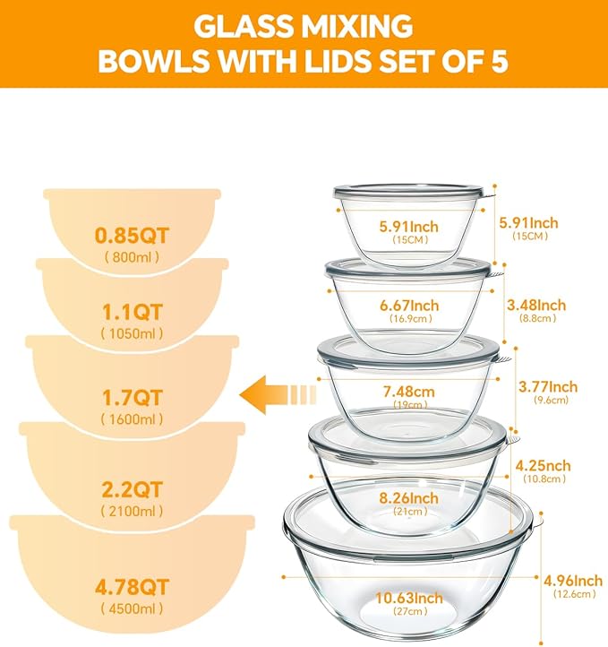Glass Mixing Bowls with Lids Set of 5, Thick Glass Nesting Bowls - Image 5