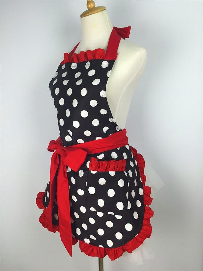 Hyzrz Cute Apron Retro Black Polka Dot Retro Ruffle Side Vintage Cooking Aprons - Image 5