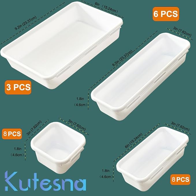 Kutesna 25 PCS White Drawer Organizer Set, 4 Size Interlocking Plastic Storage - Image 2