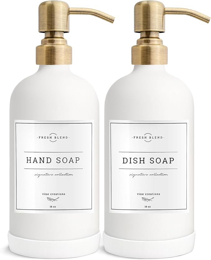 Vine Creations White Glass Soap Dispenser, 2 Pack Kitchen Soap Dispenser Set by VineCreations