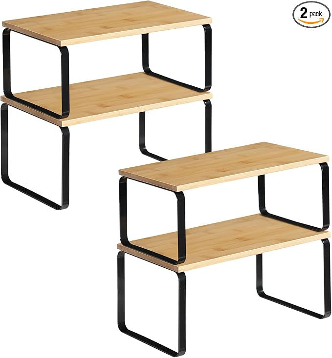 HOOBRO Cabinet Organizer Shelf, Expandable Kitchen Storage, Stackable Bamboo by HOOBRO