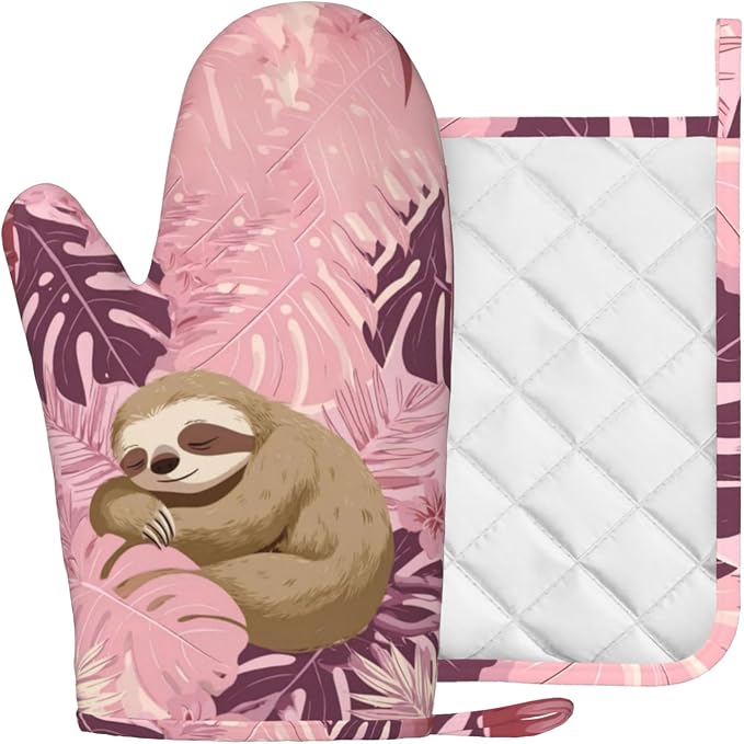 Pink Sloth Heat-Resistant Oven Mitts and Pot Holder Cute Animal Kitchen - Image 2