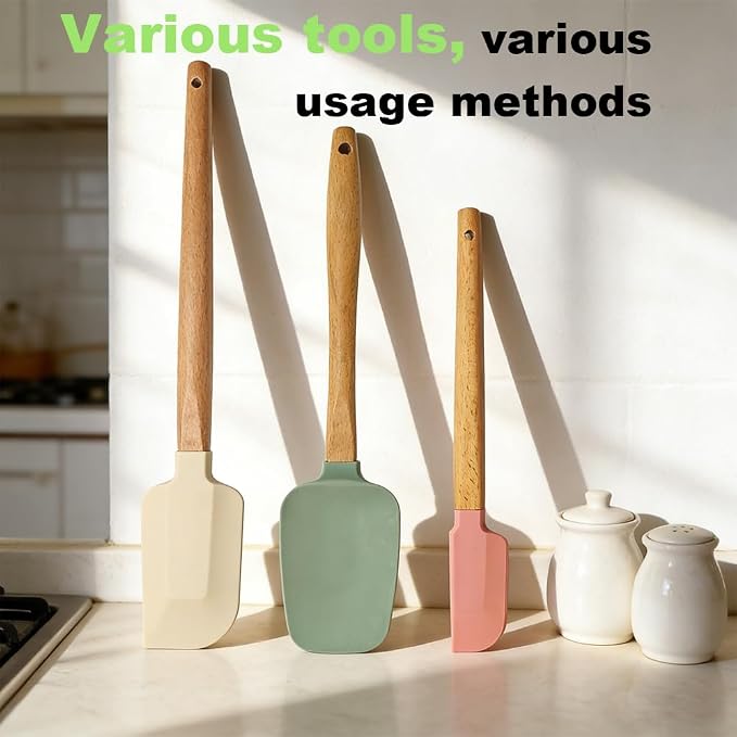 3PCS Silicone Spatula Wooden Handle Set, Heat Resistant Silicone Spatula - Image 2