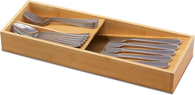 guiogc Bamboo Silverware Drawer Organizer, Kitchen Cutlery Tray, Utensil Holder - Image 3