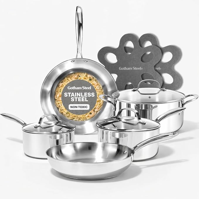 Gotham Steel 10 Pcs Tri Ply Stainless Steel Cookware Set, Pots and Pans Set by GothamSteel