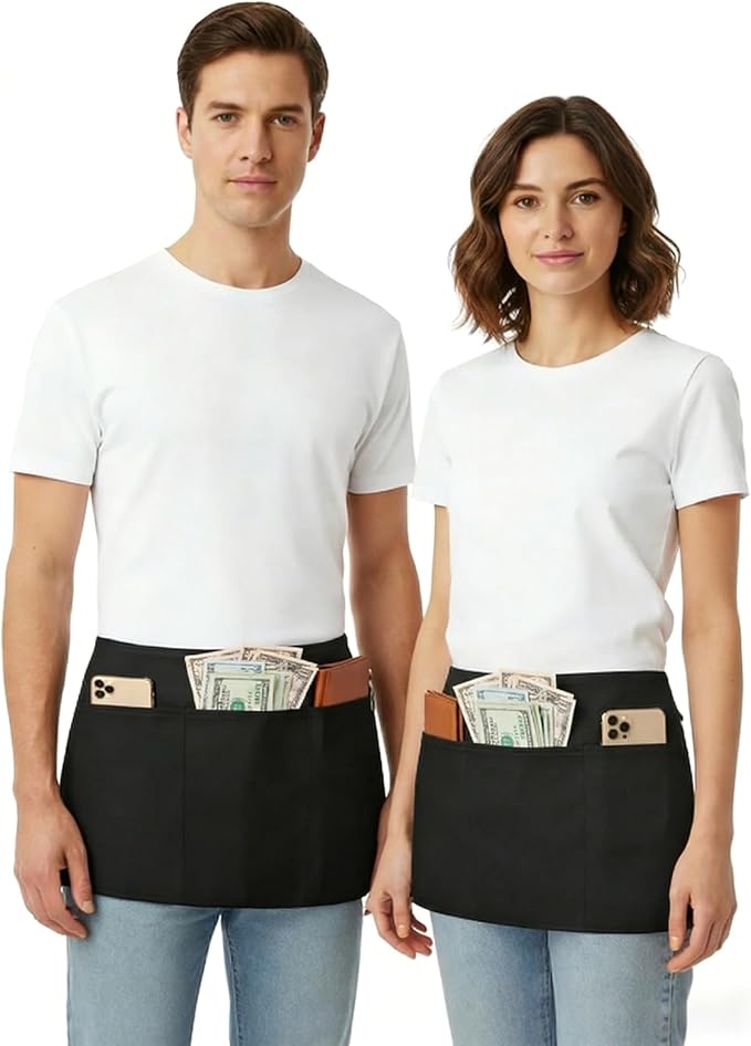 BOHARERS 3 Pockets Waitress Apron 12 Pack Cotton Server Apron Black Half Aprons - Image 4