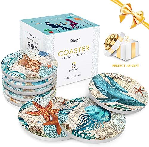 Teivio Absorbing Stone Sea Ocean Life Coasters for Drinks, Cork Base