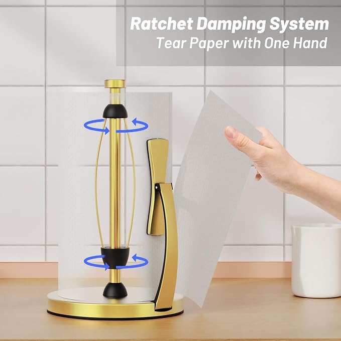 VEHHE Gold Paper Towel Holder Countertop, One-Handed Tear, Stainless Steel - Image 2