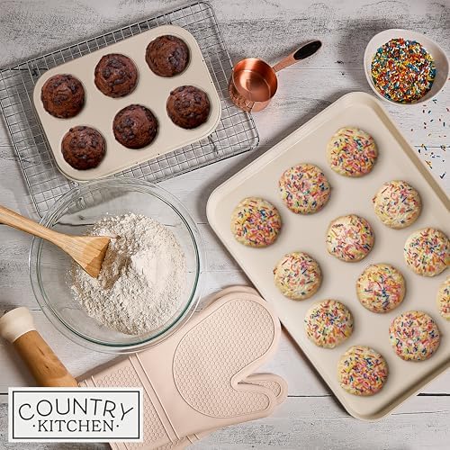 Country Kitchen Nonstick Stackable Bakeware Set - Deluxe Heavy Duty, Durable, Easy Release Baking Set, Taupe, 13 Pcs with Handles