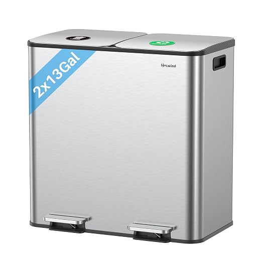Dual Trash and Recycling Bins for Kitchen, 2×13 Gallon Stainless Steel Trash by LOVEWIND