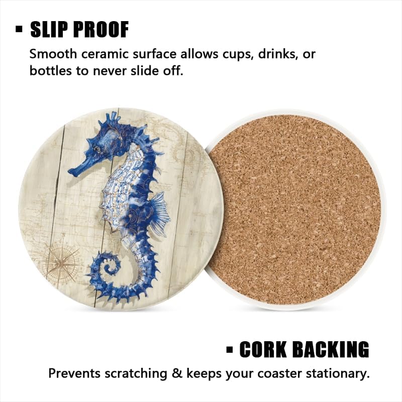 Drink Coasters Set of 6 with Holder Vintage Marine Style Wood Grain