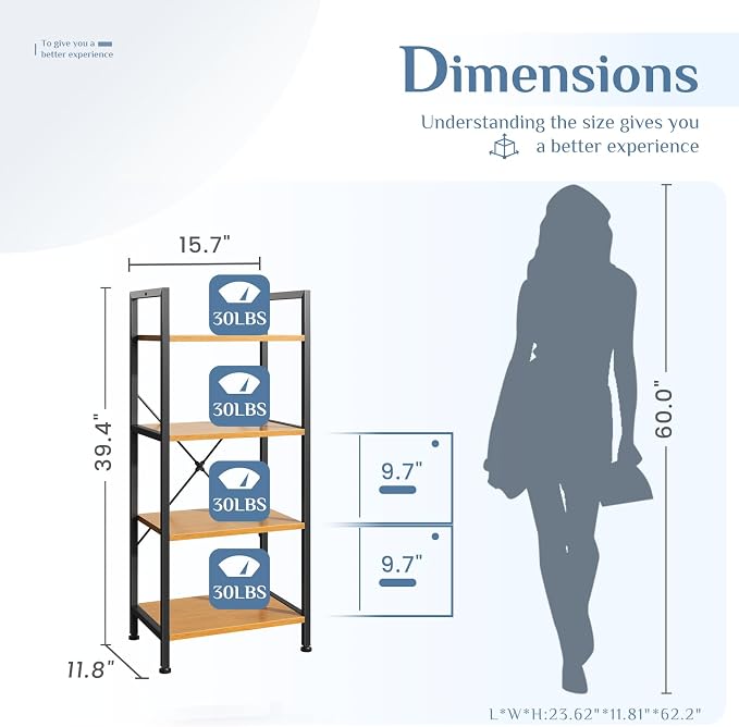 DUMOS 4 Tiers Bookshelf, Classical Book Shelf, Tall Display Shelves in Living - Image 3