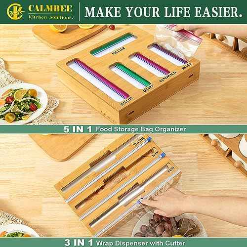 Calmbee 9 in 1 Bamboo Storage Bag Organizer for Kitchen Drawer
