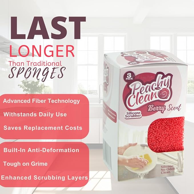 Peachy Clean Silicone Dish Sponge Scrubbers, Fresh Berry Scent, Non-Scratch - Image 5