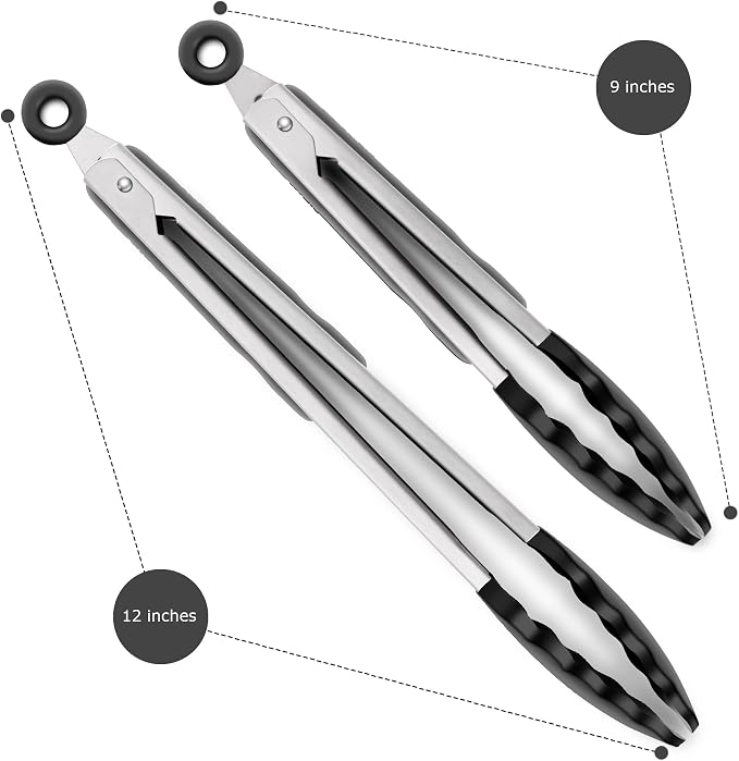 2 Pack Black Kitchen Tongs, Premium Silicone BPA Free Non-Stick Stainless Steel - Image 5