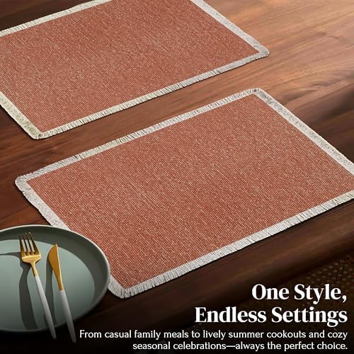 Hausattire Cotton Frayed Placemats Set of 6 Dining Table 13x19 Inch