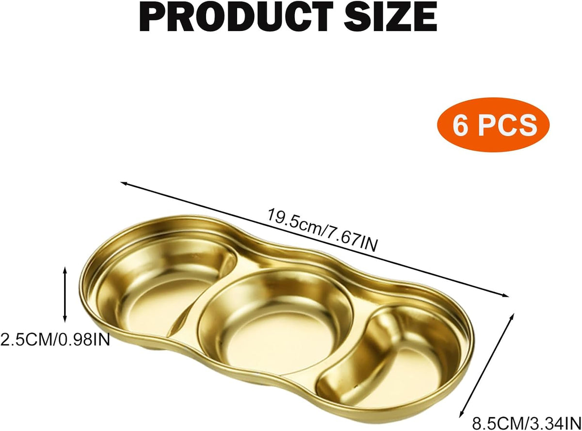 6 Pcs Soy Sauce Dish Stainless Steel 3 Compartment Korean Sauce Plate