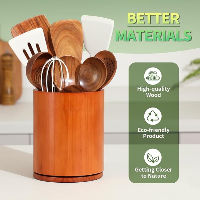 Wooden Utensil Holder, 360°Rotating 7.3'' Large Utensil Holder - Image 5