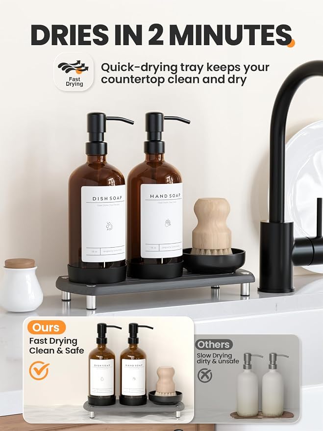 Kitchen Soap Dispenser Set - 16OZ Amber Glass Bottle - Image 2