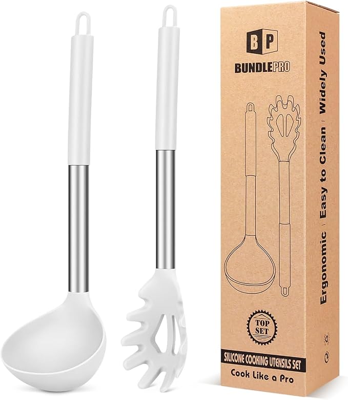 Silicone Pasta Fork and Ladle Spoon Set, Large Non Stick Kitchen Utensils by BUNDLEPRO